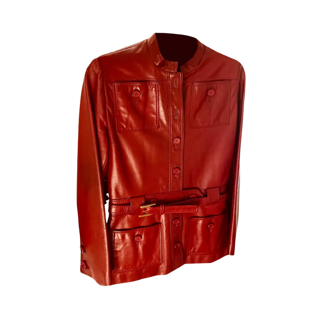 Women's Red Full-Grain Leather Jacket with Stand-Up Collar and Belt