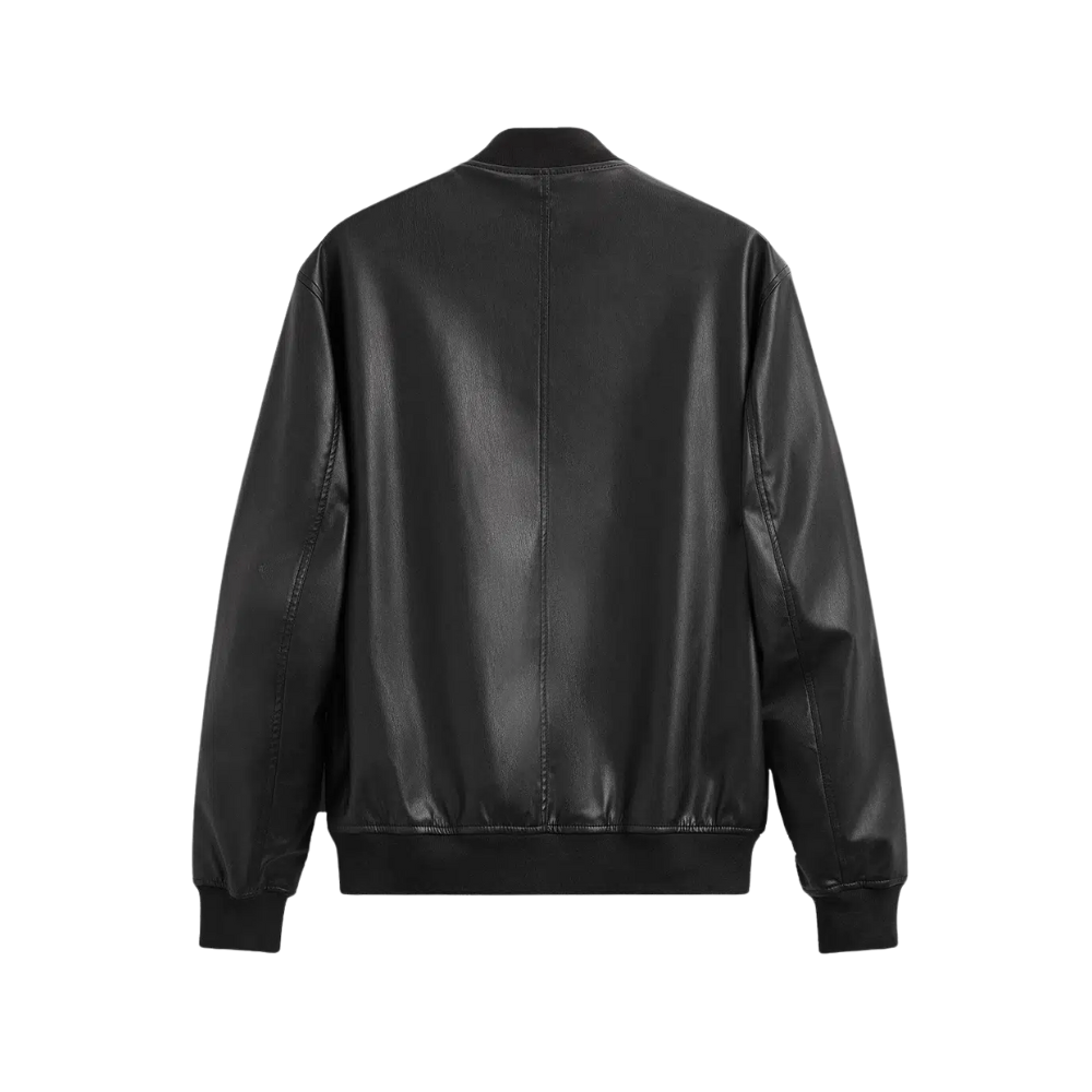 Men's Black Bomber Jacket with Rib-Knit Trim and Zipper