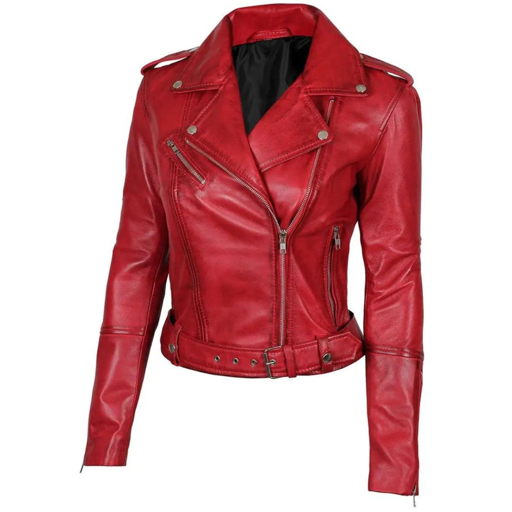 Margaret Women’s Red Asymmetrical Moto Leather Jacket