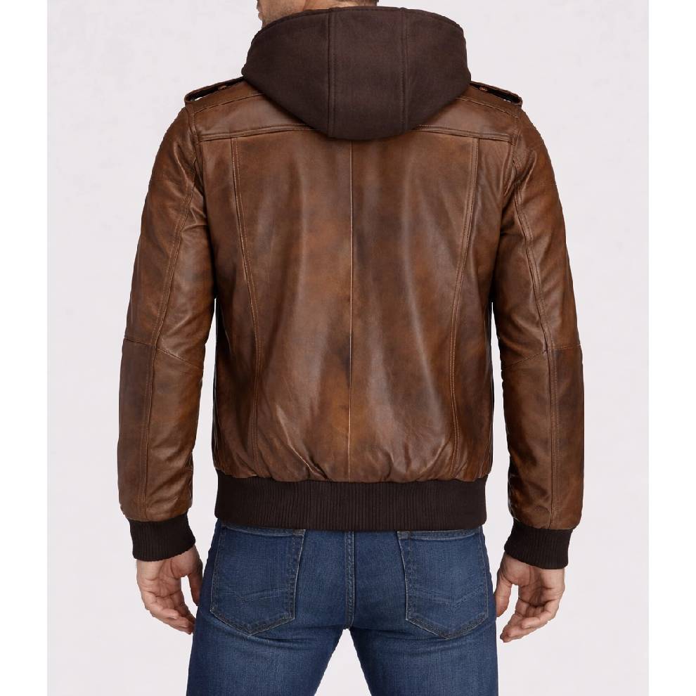 Brown leather jacket with hood on a white background