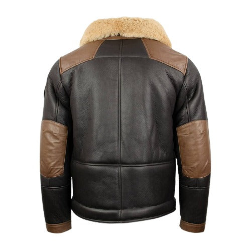 Chocolate B3 faux shearling bomber jacket with large collar and belted waist.