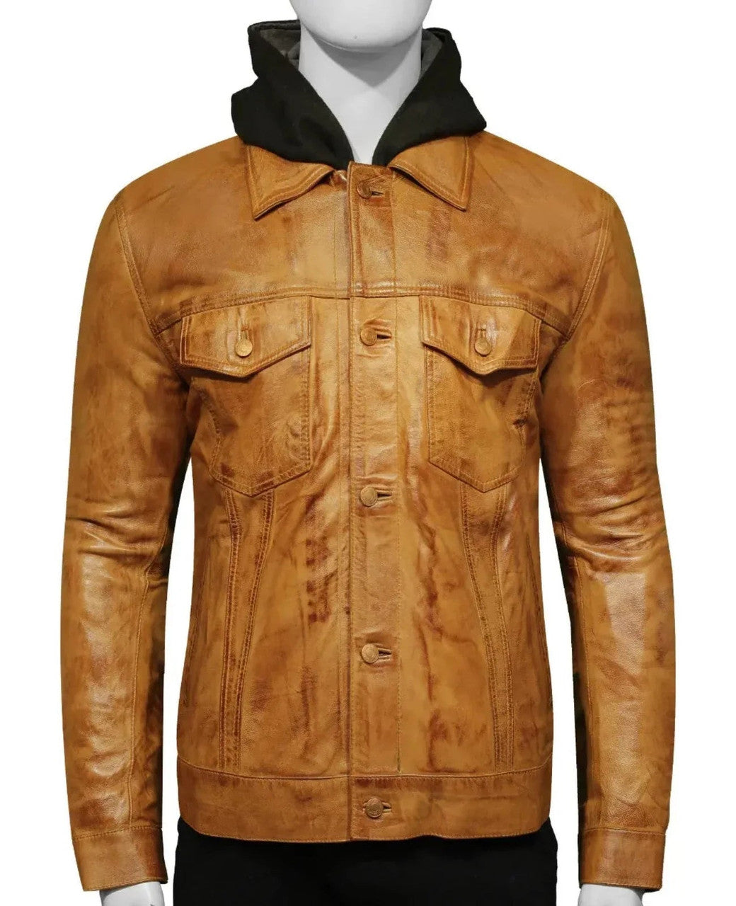 Brown Wolf Hooded Jacket in leather with removable hood and front zipper.