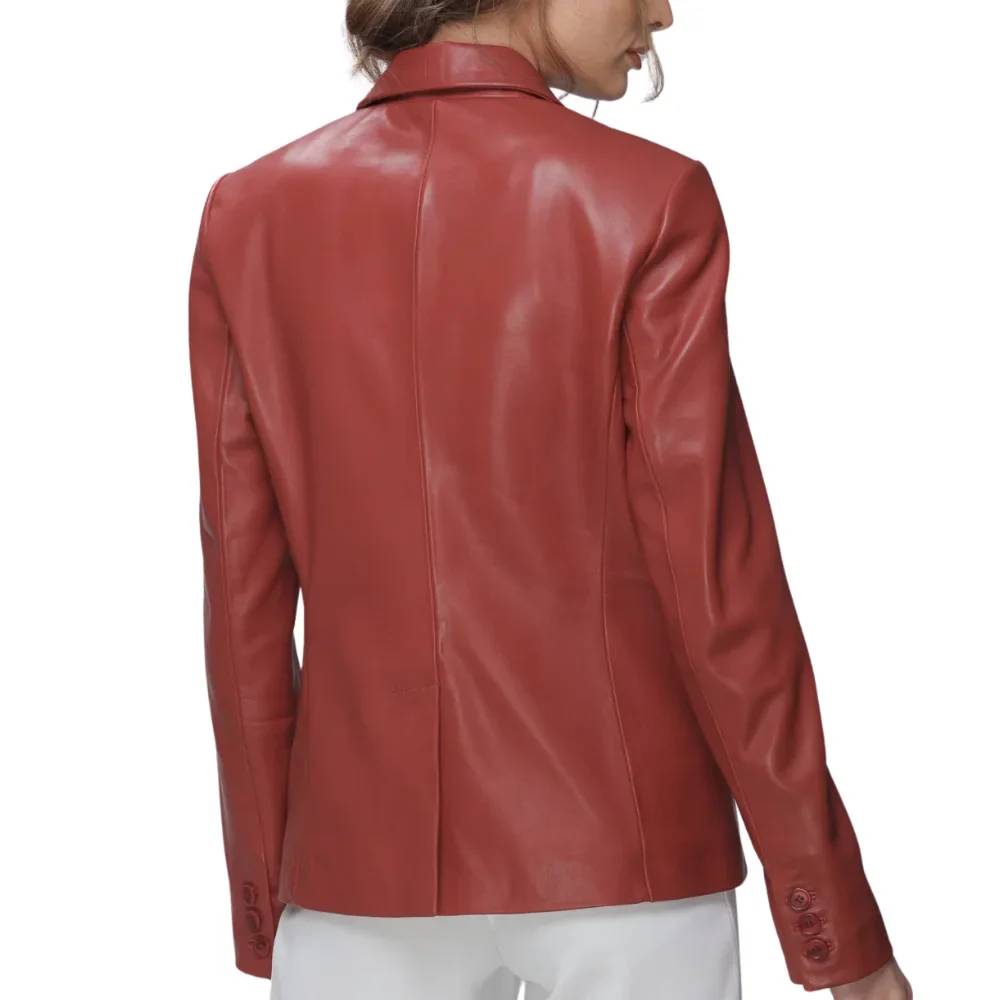 Women’s red real lambskin leather blazer featuring a professional notch lapel, single-button closure, and two outside flap pockets.
