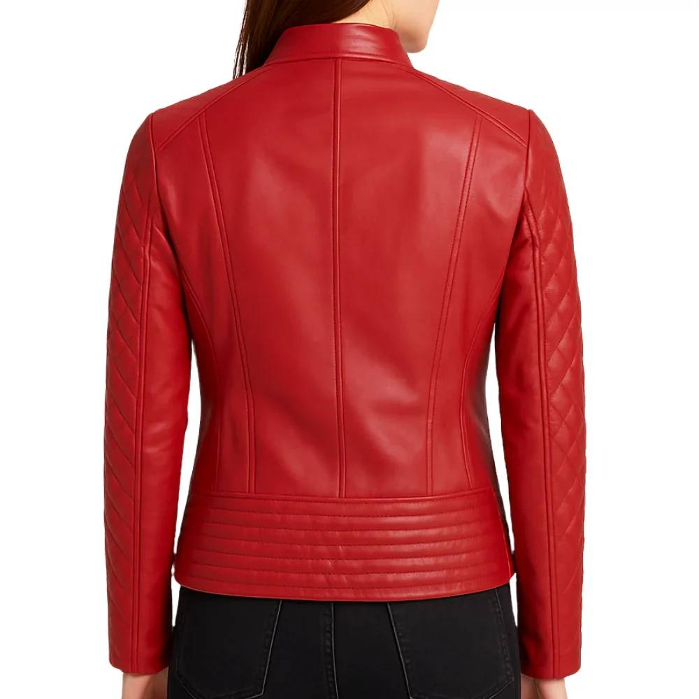 Women’s red quilted lambskin leather café racer jacket with shoulder quilting, asymmetrical left-side zipper, and a snap button collar.