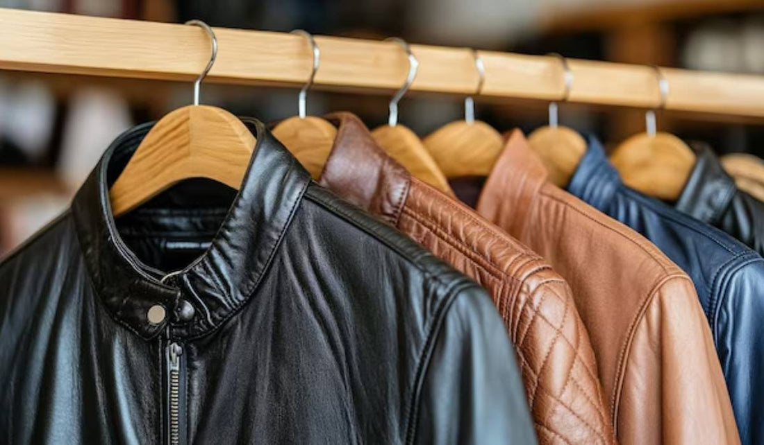 Premium full-grain leather jacket hanging on wooden hanger with seasonal care products including conditioner and waterproofing spray