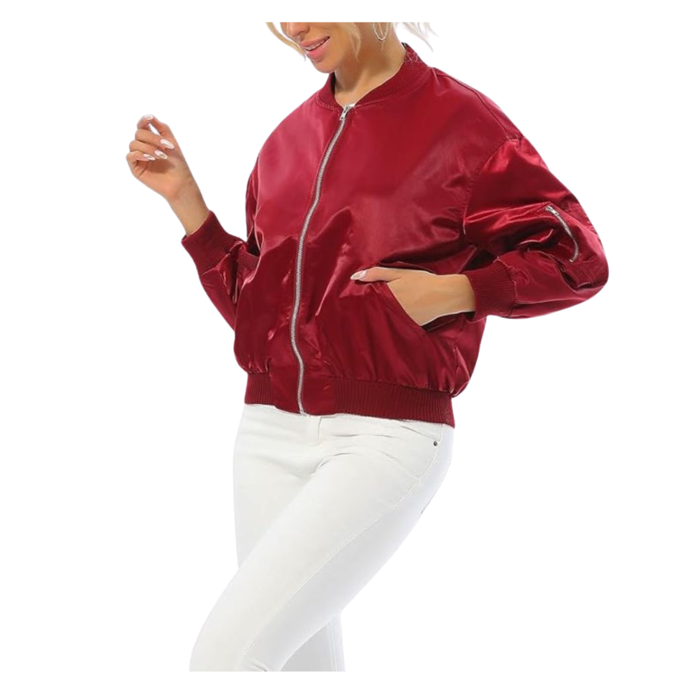Women's Red Satin Bomber Jacket with Ribbed Collar & Zipper Closure
