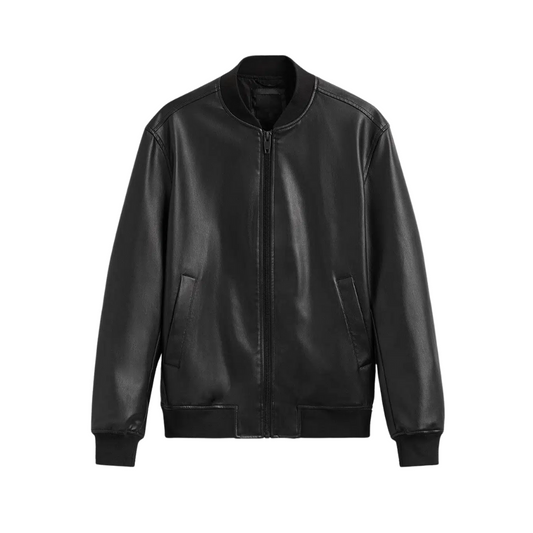 Men's Black Bomber Jacket with Rib-Knit Trim and Zipper