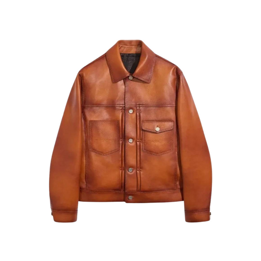 Men's Classic Brown Real Leather Jacket with Shirt Collar & Button Cuffs