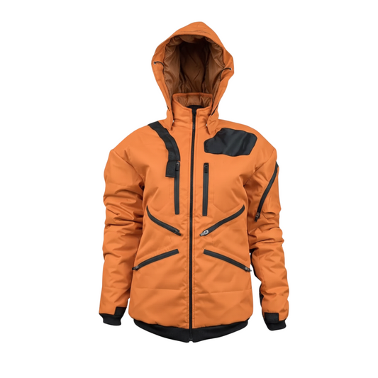 Men's Orange Puffer Jacket with Detachable Hood & Multi-Pocket Design