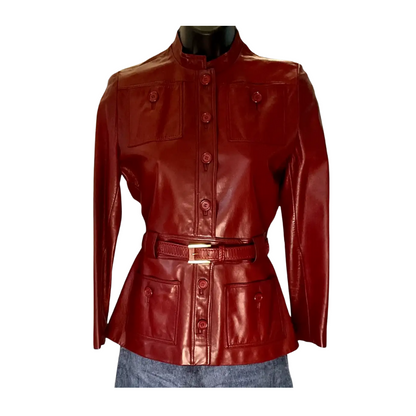 Women's Red Full-Grain Leather Jacket with Stand-Up Collar and Belt