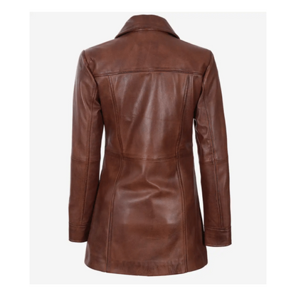 Long Cognac Brown Leather Blazer