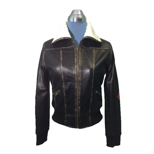 Women's Brown Real Leather Bomber Jacket with Faux Shearling Fur Collar