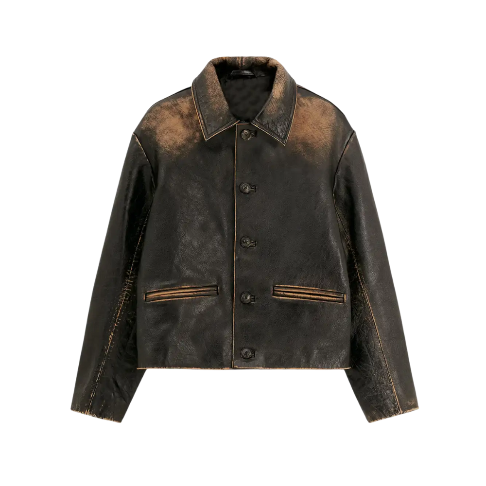 Women's Distressed Black Real Leather Jacket - Emily Ratajkowski Style