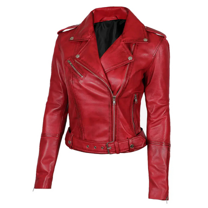 Margaret Women’s Red Asymmetrical Moto Leather Jacket