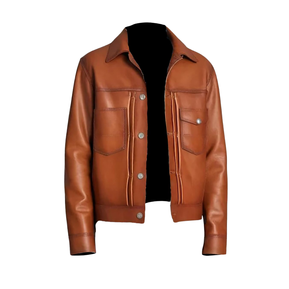 Men's Classic Brown Real Leather Jacket with Shirt Collar & Button Cuffs
