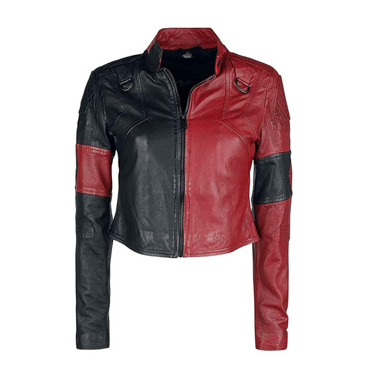 Women's Red and Black Full Grain Sheepskin Leather Biker Jacket