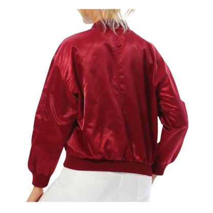 Women's Red Satin Bomber Jacket with Ribbed Collar & Zipper Closure