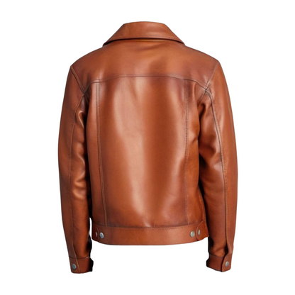 Men's Classic Brown Real Leather Jacket with Shirt Collar & Button Cuffs