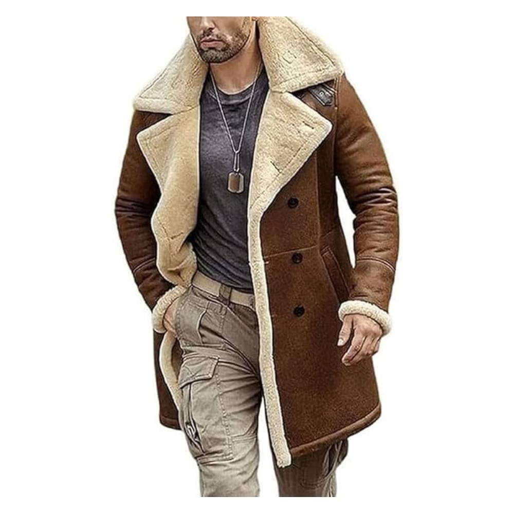 Man wearing Pious Leather's closed brown double breasted shearling aviator trench coat
