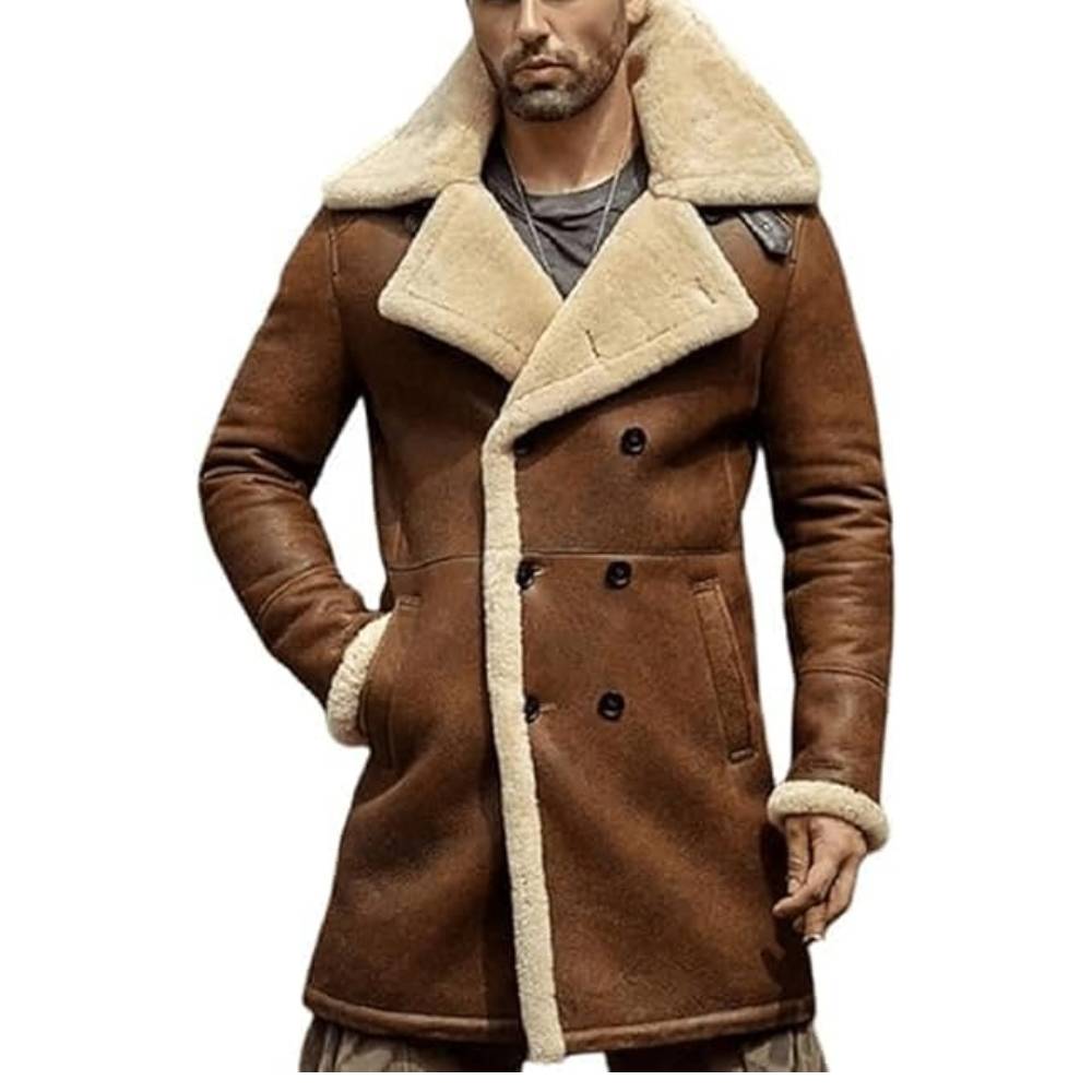 Man wearing Pious Leather's closed brown double breasted shearling aviator trench coat