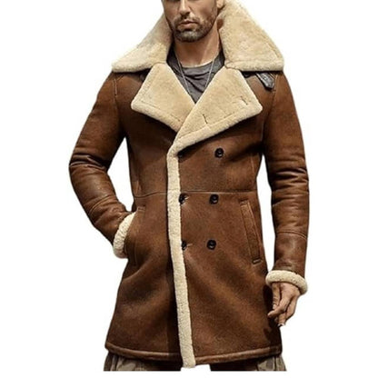 Man wearing Pious Leather's closed brown double breasted shearling aviator trench coat