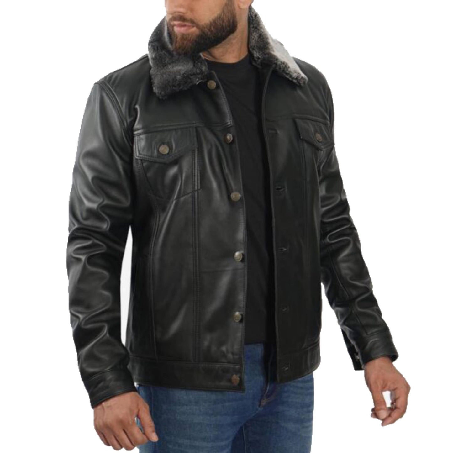 Black Faux Shearling Collar Leather Trucker Jacket
