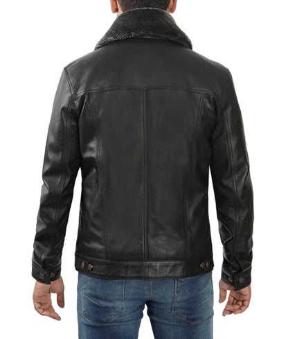 Black Faux Shearling Collar Leather Trucker Jacket