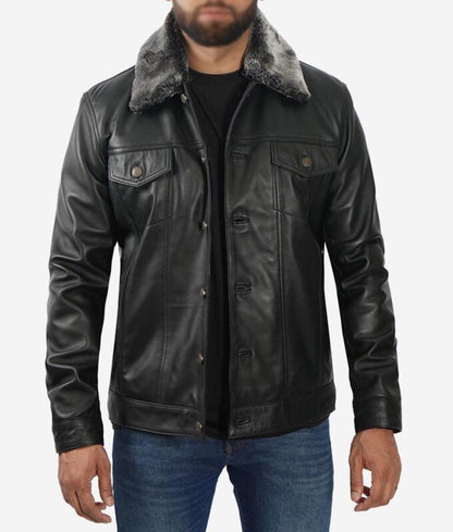 Black Faux Shearling Collar Leather Trucker Jacket