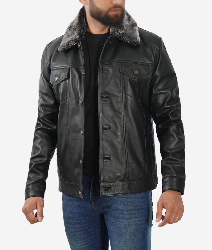 Black Faux Shearling Collar Leather Trucker Jacket