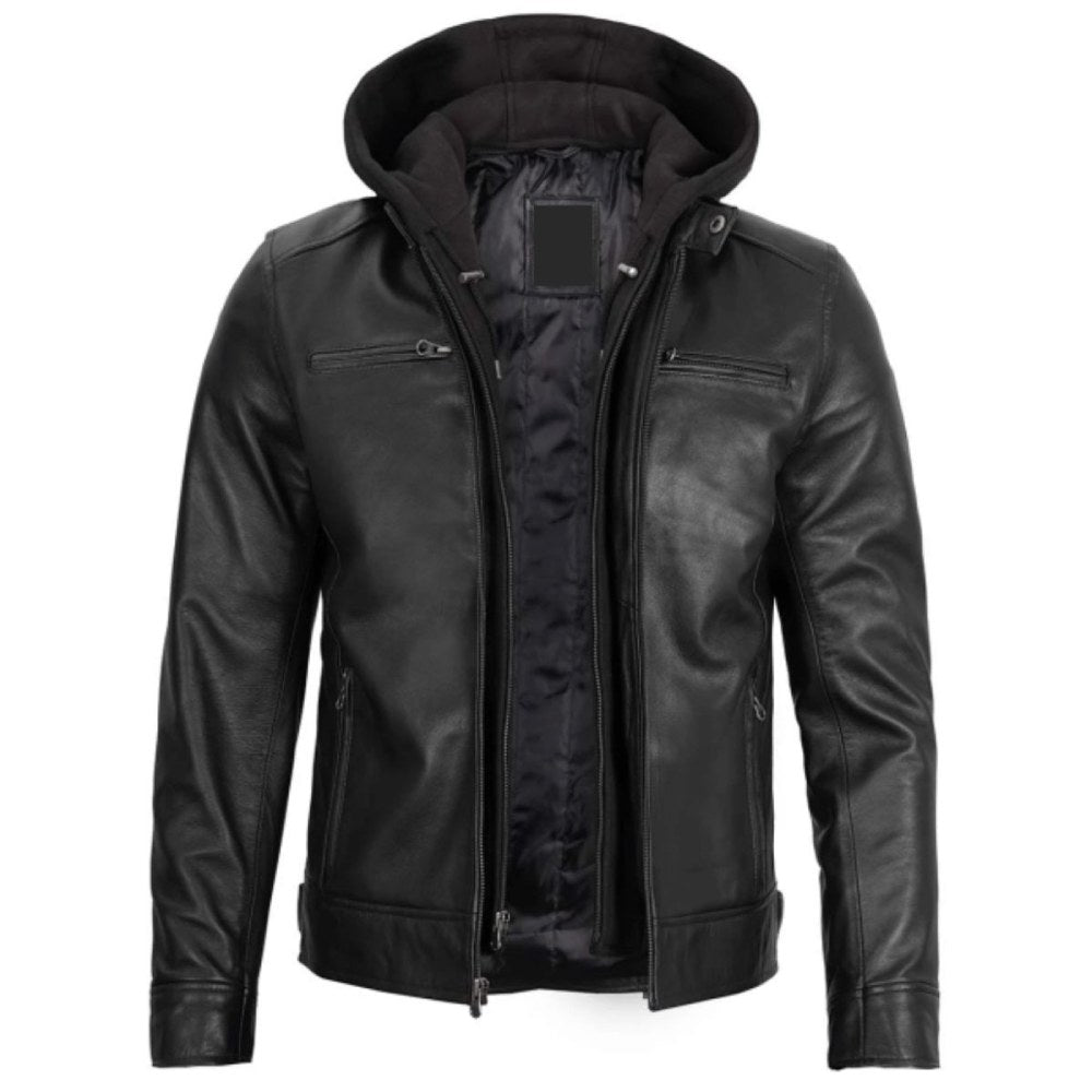 Black Motorcycle Leather Jacket with Hood & Stand Collar