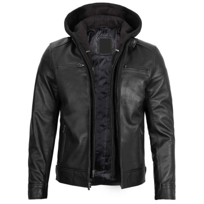 Black Motorcycle Leather Jacket with Hood & Stand Collar
