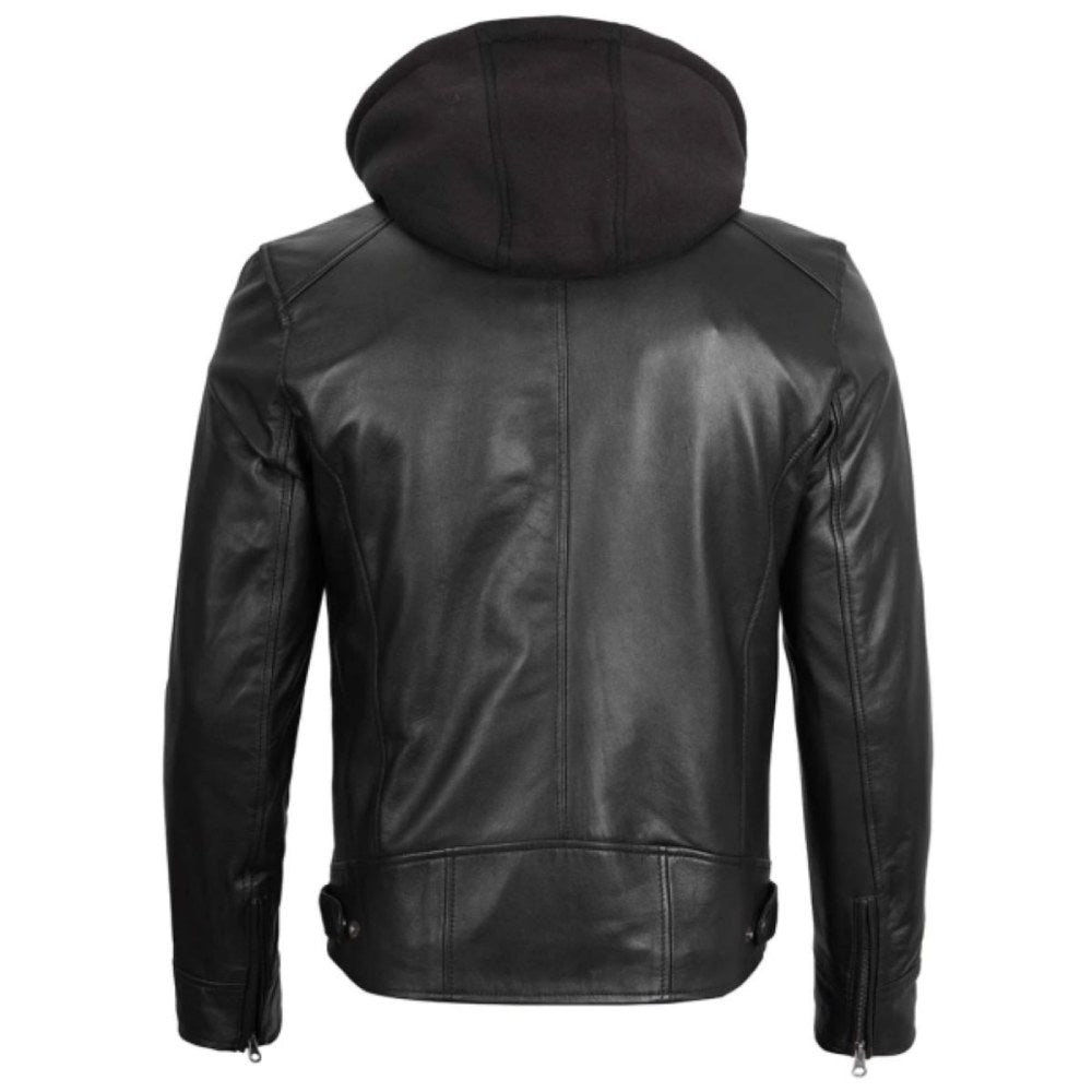 Black Motorcycle Leather Jacket with Hood & Stand Collar