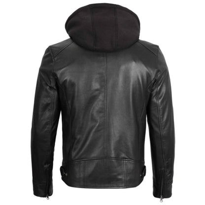 Black Motorcycle Leather Jacket with Hood & Stand Collar