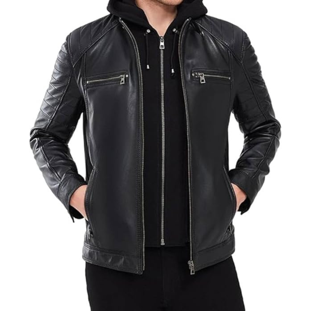 Black Motorcycle Leather Jacket with Hood & Stand Collar