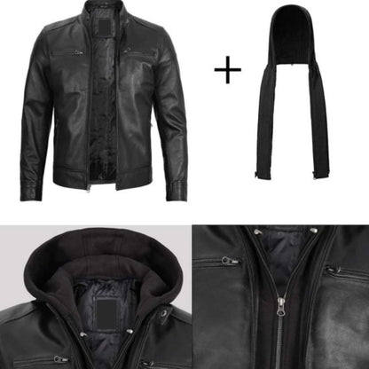 Black Motorcycle Leather Jacket with Hood & Stand Collar