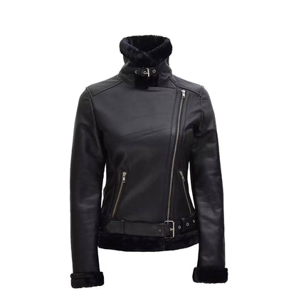 Women's Black Shearling Biker Jacket