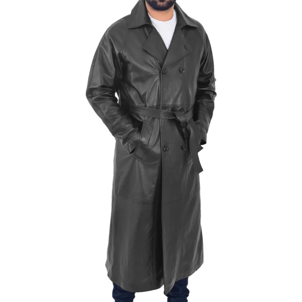 Black Sentry leather trench coat for men, featuring a waist belt and large lapels.