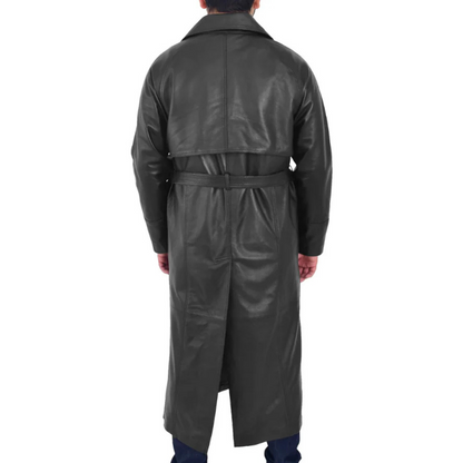 , featuring a waist belt and large lapels.