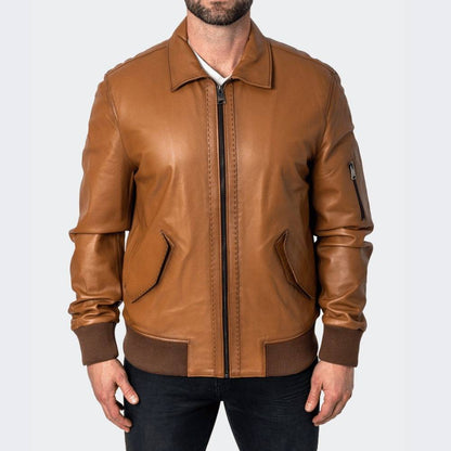 Brown leather jacket men worn lifestyle daily wear 
handmade genuine lambskin bomber vintage motorcycle 
biker coat spread collar ribbed cuffs distressed 
brown gift for him pious leather mens fashion