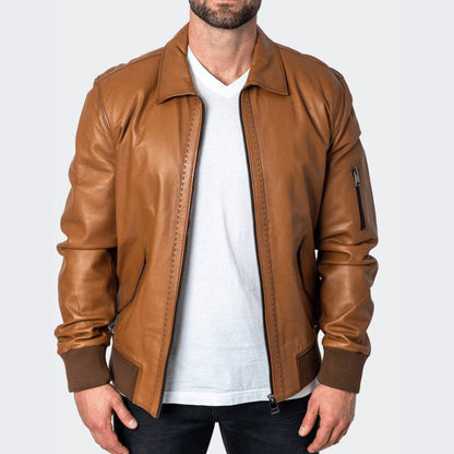 Brown leather jacket men worn lifestyle daily wear 
handmade genuine lambskin bomber vintage motorcycle 
biker coat spread collar ribbed cuffs distressed 
brown gift for him pious leather mens fashion