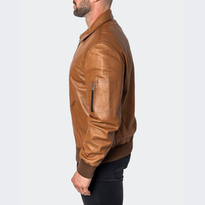 Brown leather jacket men worn lifestyle daily wear 
handmade genuine lambskin bomber vintage motorcycle 
biker coat spread collar ribbed cuffs distressed 
brown gift for him pious leather mens fashion