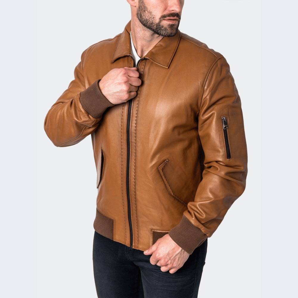 Brown leather jacket men worn lifestyle daily wear 
handmade genuine lambskin bomber vintage motorcycle 
biker coat spread collar ribbed cuffs distressed 
brown gift for him pious leather mens fashion