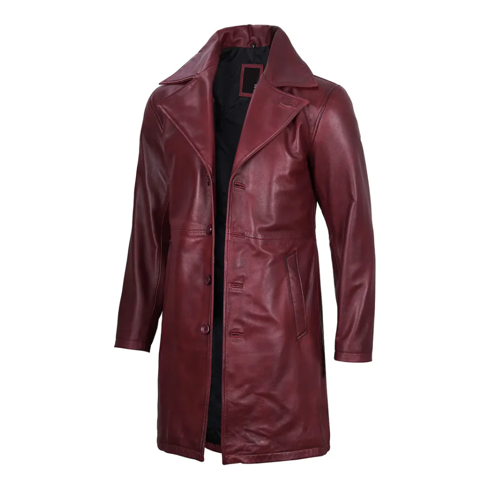 Maroon Bryson Aegis trench coat for men, featuring a belted waist and double-breasted closure.