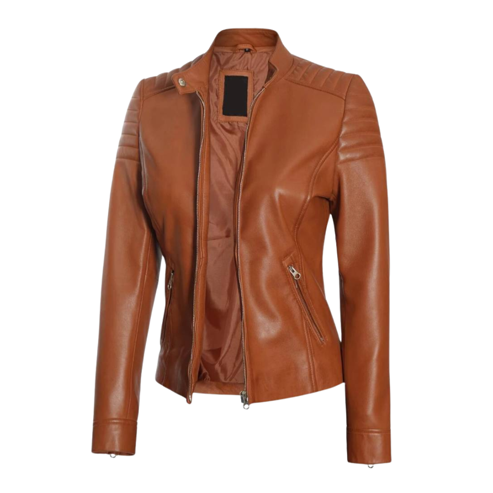 Carrie Women's Tan Cafe Racer Leather Jacket
