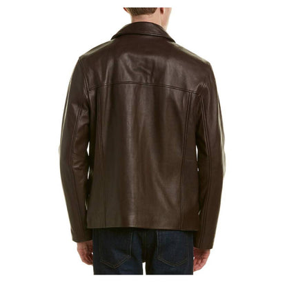 Chic Brown Leather Jacket with Shirt Collar