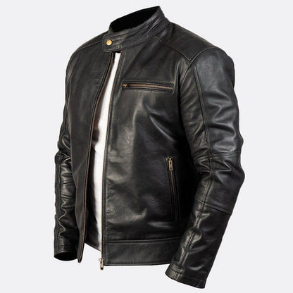 Classic black leather biker jacket with diagonal zipper and snap-button lapels.