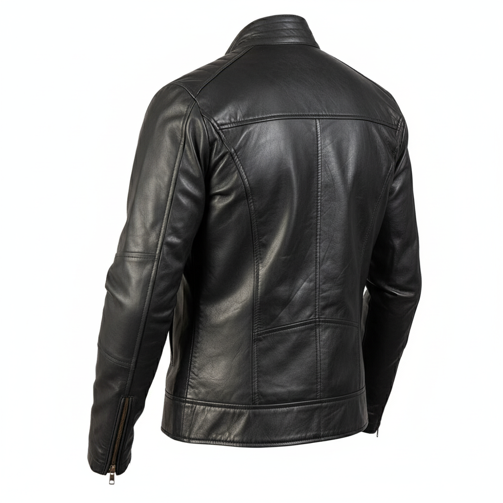 Classic black leather biker jacket with diagonal zipper and snap-button lapels.