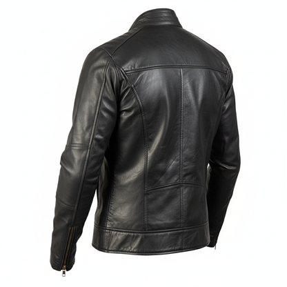 Classic black leather biker jacket with diagonal zipper and snap-button lapels.