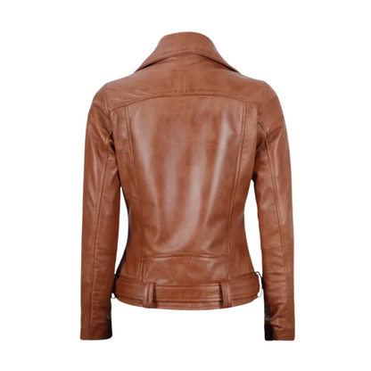 Elisa Women’s Asymmetrical Brown Leather Motorcycle Jacket with Belted Waist