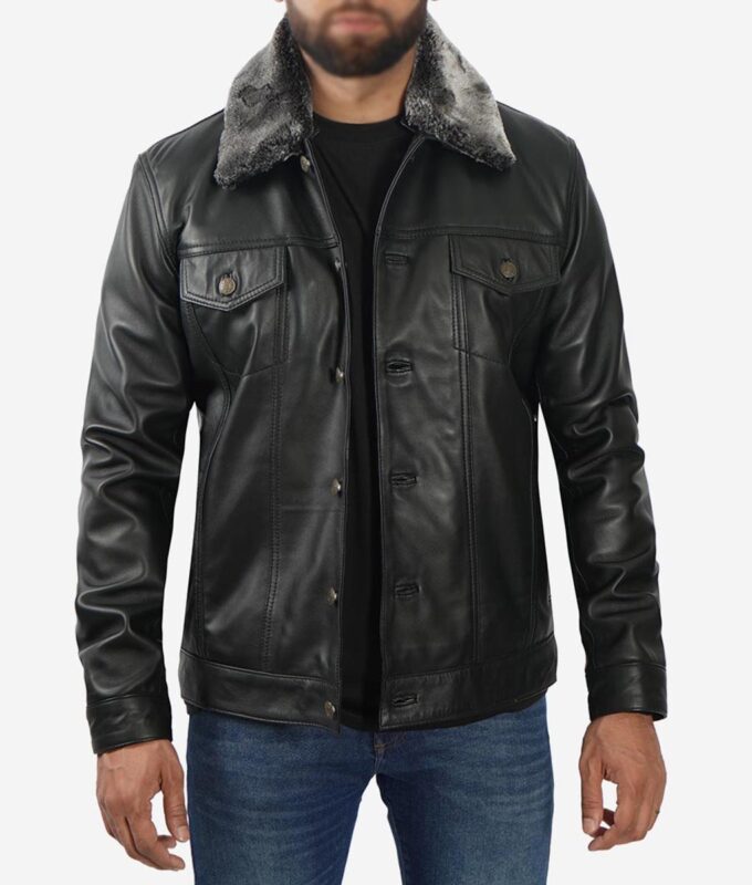 Black Shearling Collar Leather Trucker Jacket